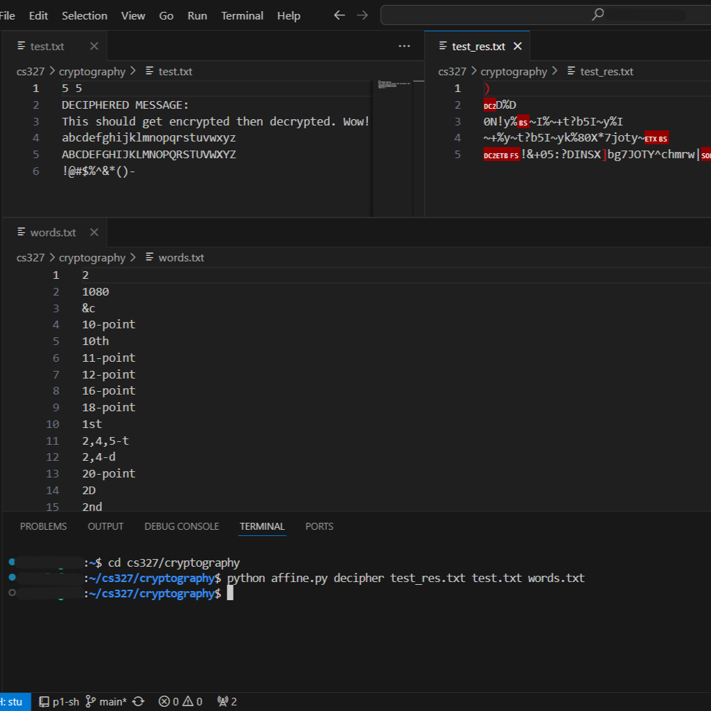 Screenshot of the affine cipher command-line tool