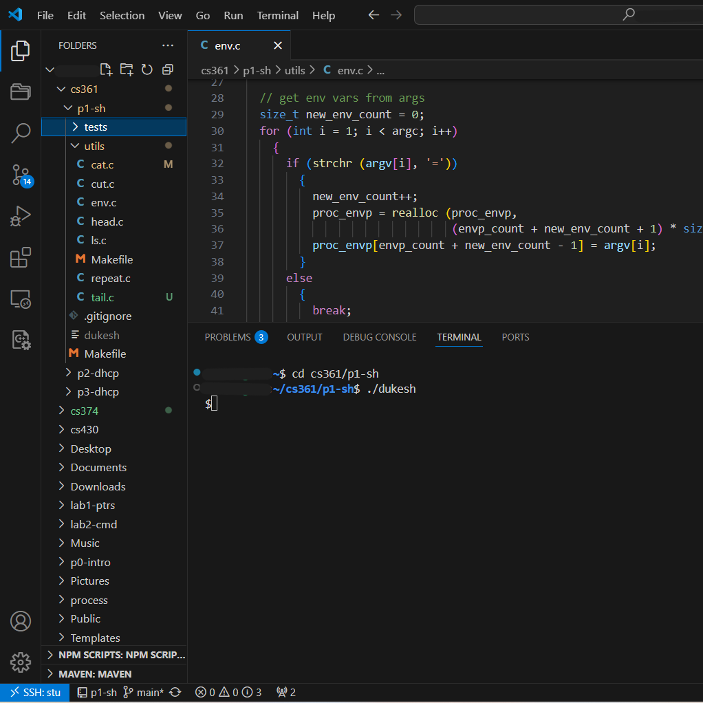 Screenshot of the custom C shell running in a terminal