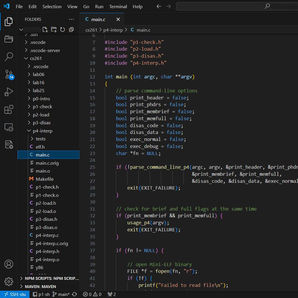 Screenshot of the Y86 interpreter program output