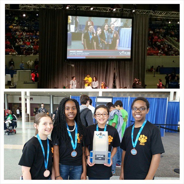 Triangle Elementary VEX IQ team winning the Amaze Award at the VEX World Championship